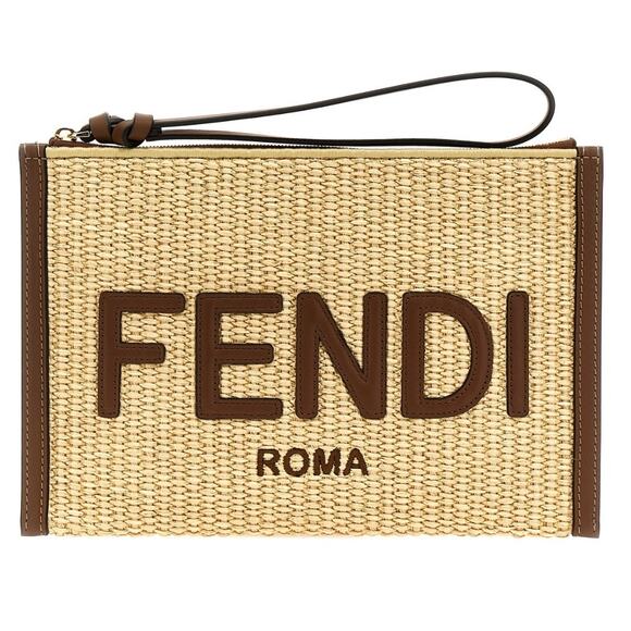 NEW FENDI RAFFIA LEATHER LOGO WRISTLET SUMMER CLUTCH POUCH ZIP BAG AUTHENTIC! - Picture 1 of 16